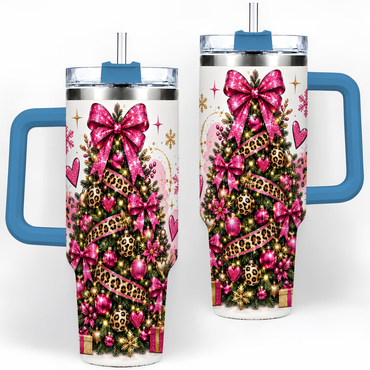 #pl[40oz|Blue] Pink Leopard Christmas 40oz Tumbler, Glitter Tree Holiday Artwork