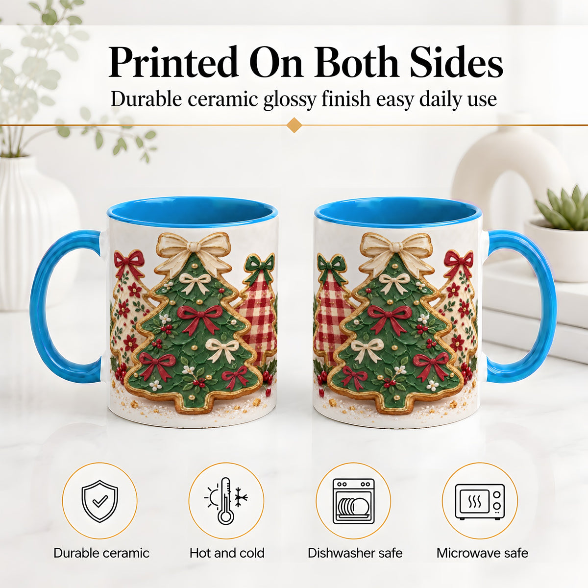 #pl[11oz|Blue] Christmas Tree Cookie Ceramic Mug, Bow and Plaid Holiday Artwork