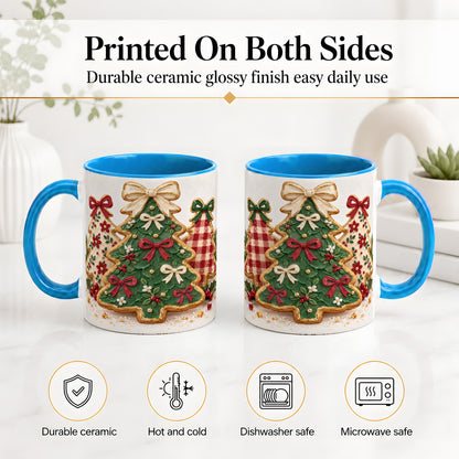 #pl[11oz|Blue] Christmas Tree Cookie Ceramic Mug, Bow and Plaid Holiday Artwork