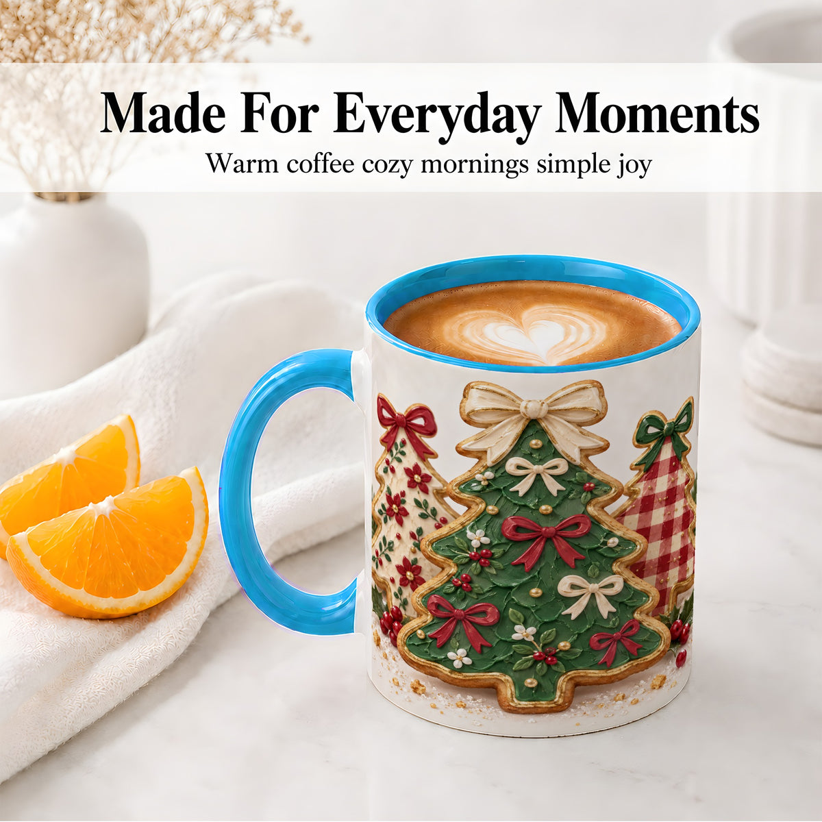 #pl[11oz|Blue] Christmas Tree Cookie Ceramic Mug, Bow and Plaid Holiday Artwork