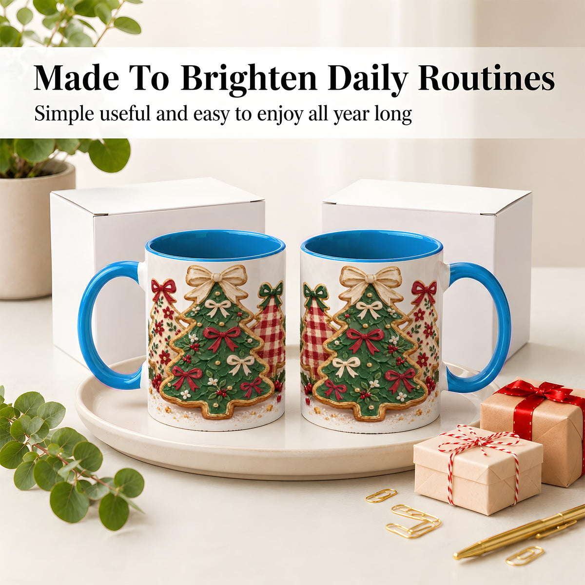 #pl[11oz|Blue] Christmas Tree Cookie Ceramic Mug, Bow and Plaid Holiday Artwork