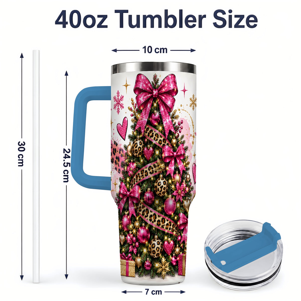 #pl[40oz|Blue] Pink Leopard Christmas 40oz Tumbler, Glitter Tree Holiday Artwork