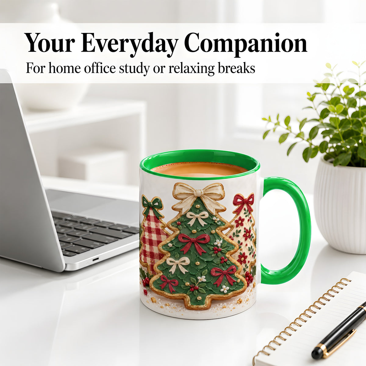 #pl[11oz|Green] Christmas Tree Cookie Ceramic Mug, Bow and Plaid Holiday Artwork