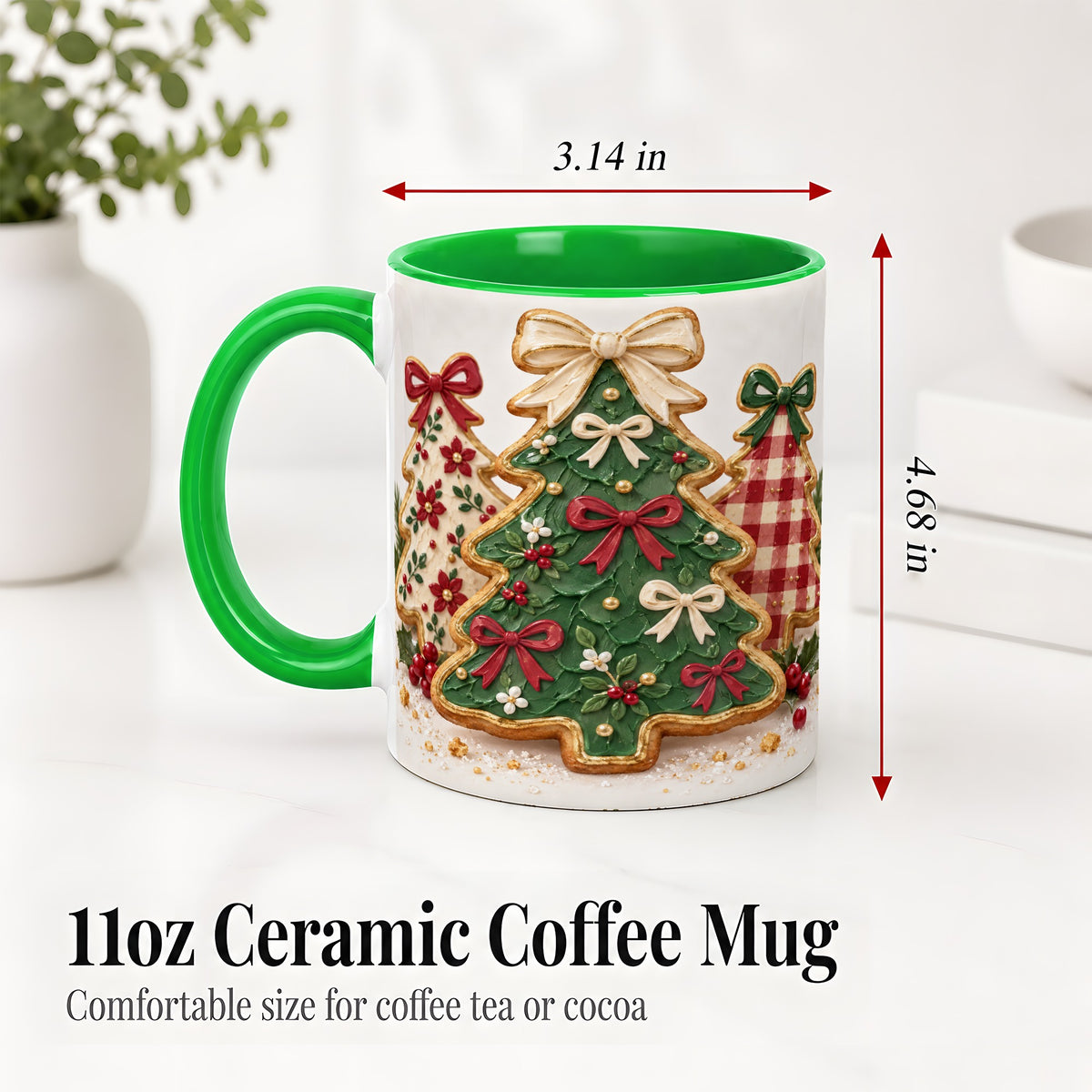 #pl[11oz|Green] Christmas Tree Cookie Ceramic Mug, Bow and Plaid Holiday Artwork