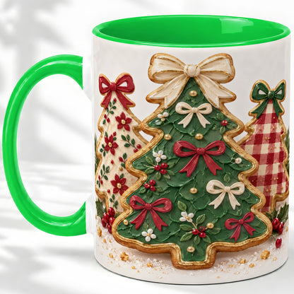#pl[11oz|Green] Christmas Tree Cookie Ceramic Mug, Bow and Plaid Holiday Artwork