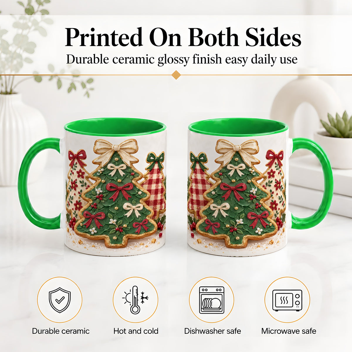 #pl[11oz|Green] Christmas Tree Cookie Ceramic Mug, Bow and Plaid Holiday Artwork