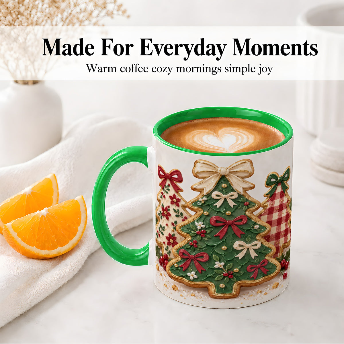 #pl[11oz|Green] Christmas Tree Cookie Ceramic Mug, Bow and Plaid Holiday Artwork