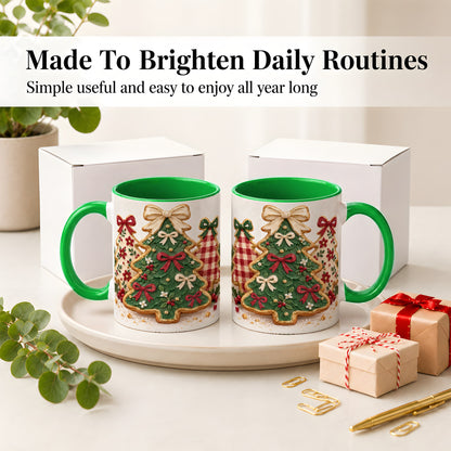 #pl[11oz|Green] Christmas Tree Cookie Ceramic Mug, Bow and Plaid Holiday Artwork