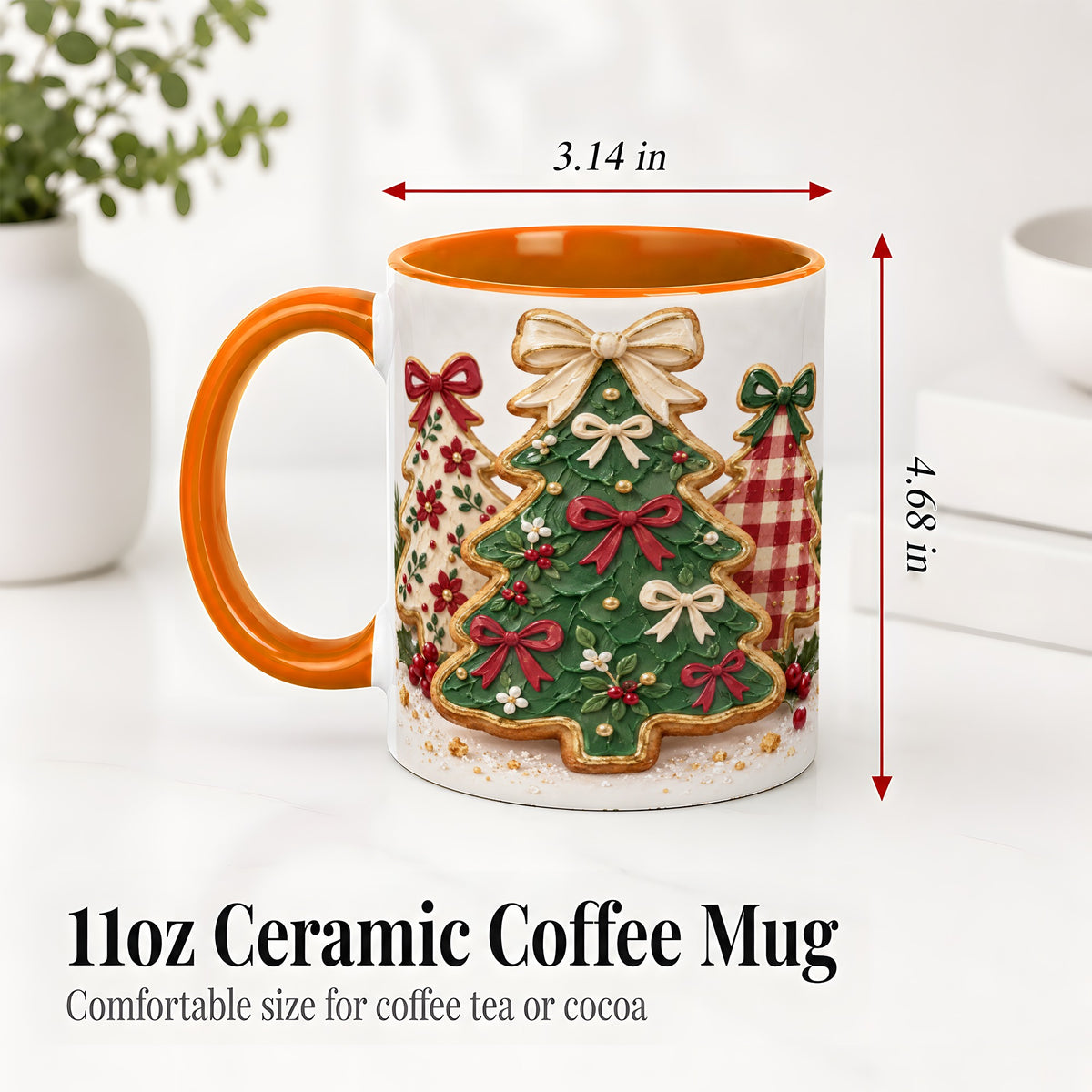 #pl[11oz|Orange] Christmas Tree Cookie Ceramic Mug, Bow and Plaid Holiday Artwork