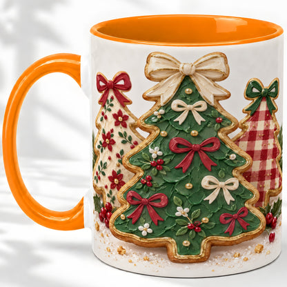 #pl[11oz|Orange] Christmas Tree Cookie Ceramic Mug, Bow and Plaid Holiday Artwork