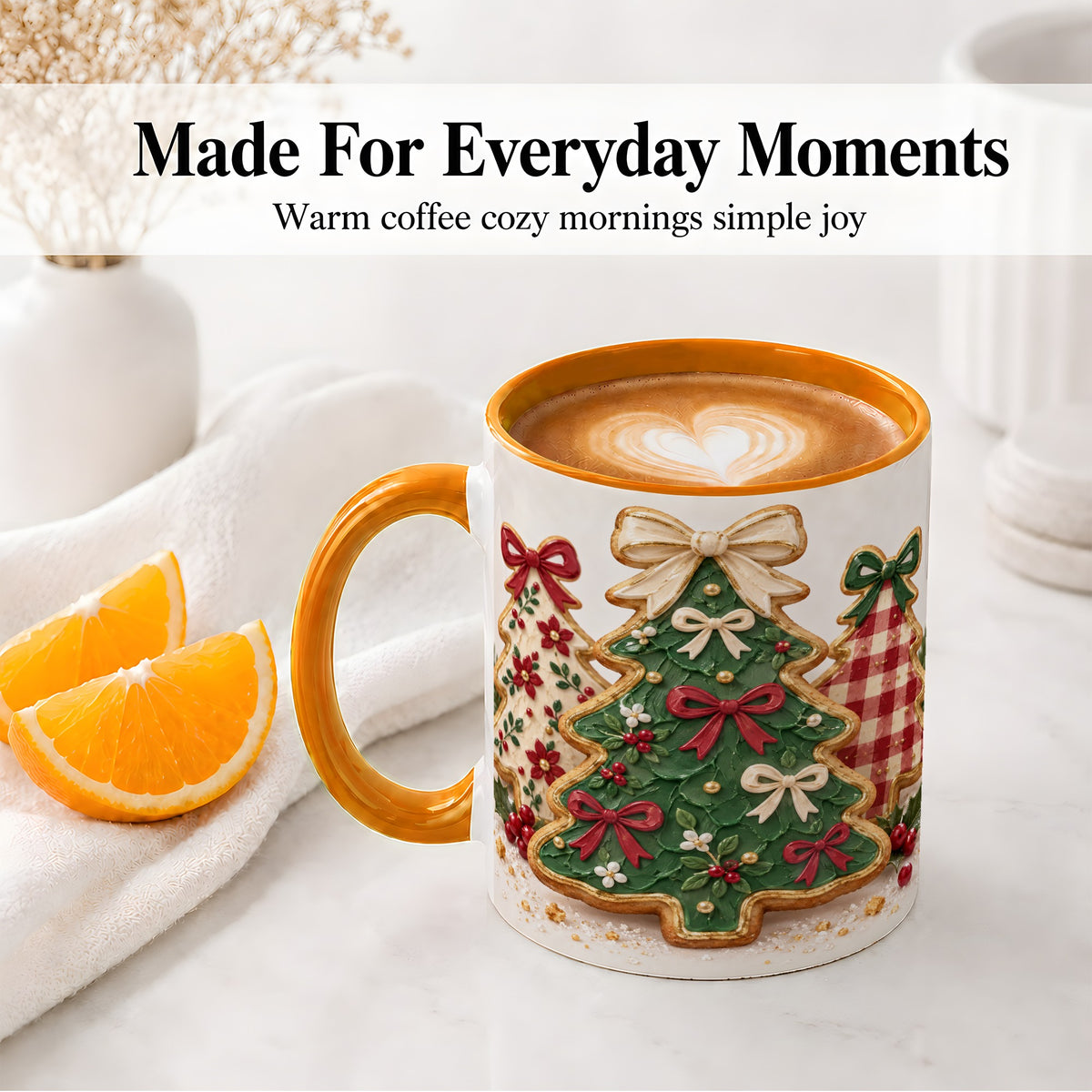 #pl[11oz|Orange] Christmas Tree Cookie Ceramic Mug, Bow and Plaid Holiday Artwork