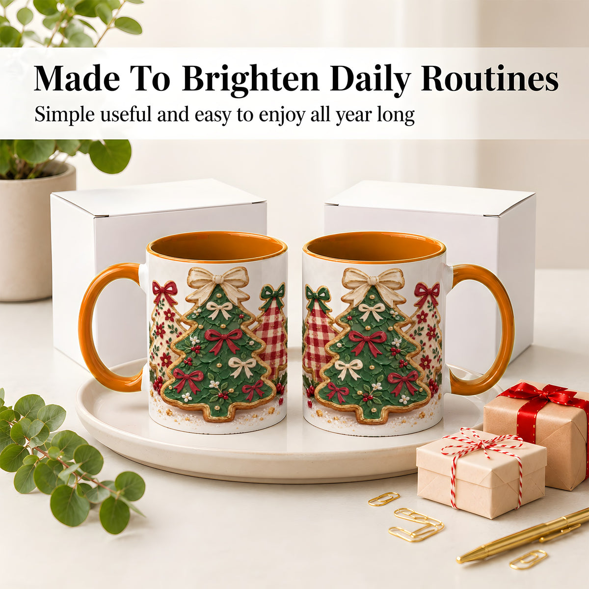 #pl[11oz|Orange] Christmas Tree Cookie Ceramic Mug, Bow and Plaid Holiday Artwork