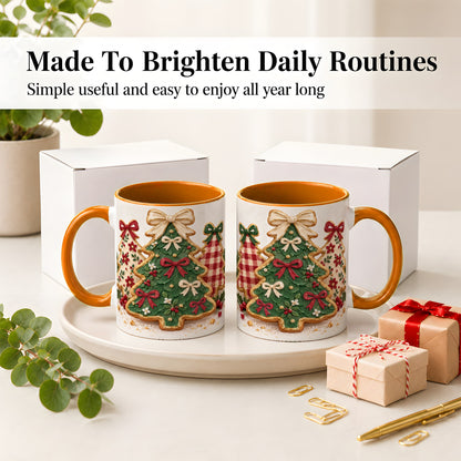 #pl[11oz|Orange] Christmas Tree Cookie Ceramic Mug, Bow and Plaid Holiday Artwork