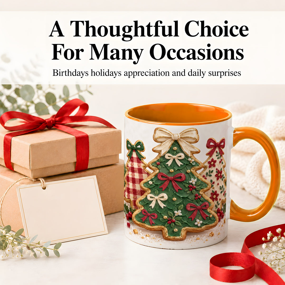 #pl[11oz|Orange] Christmas Tree Cookie Ceramic Mug, Bow and Plaid Holiday Artwork