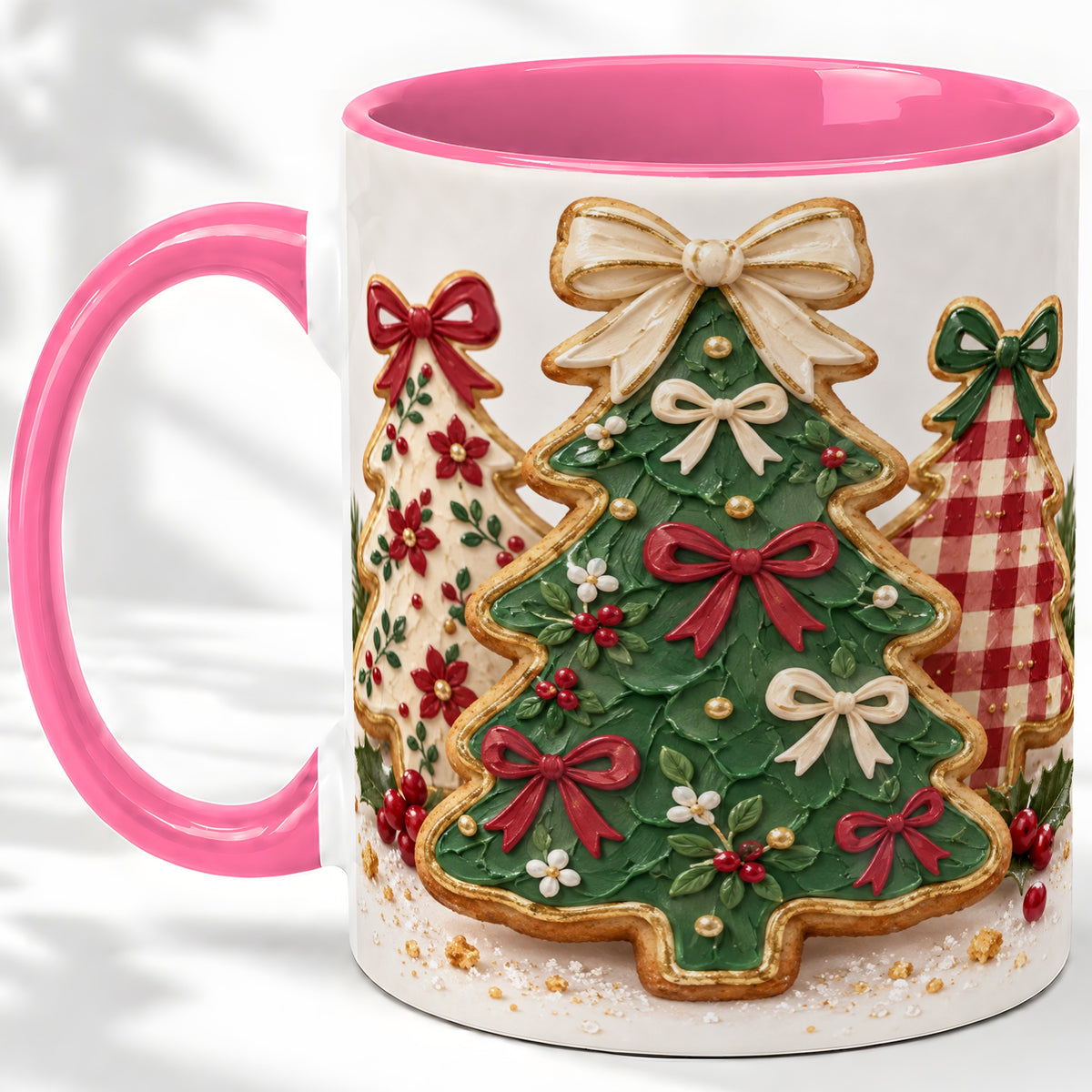 #pl[11oz|Pink] Christmas Tree Cookie Ceramic Mug, Bow and Plaid Holiday Artwork