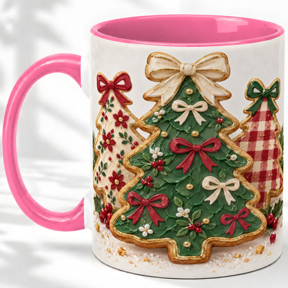 #pl[11oz|Pink] Christmas Tree Cookie Ceramic Mug, Bow and Plaid Holiday Artwork