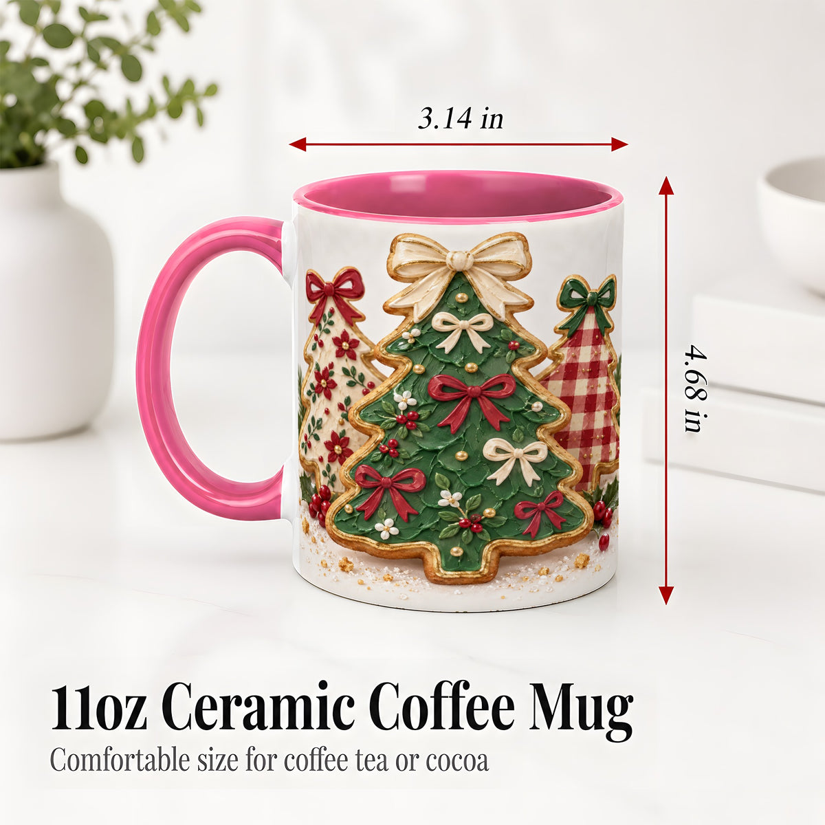 #pl[11oz|Pink] Christmas Tree Cookie Ceramic Mug, Bow and Plaid Holiday Artwork