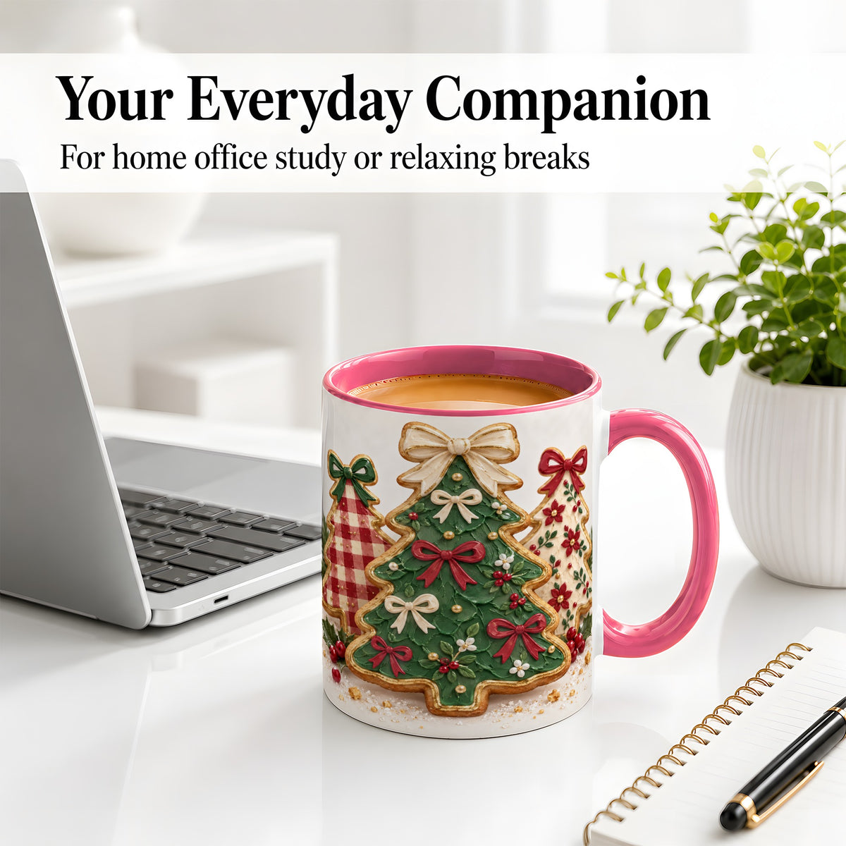 #pl[11oz|Pink] Christmas Tree Cookie Ceramic Mug, Bow and Plaid Holiday Artwork