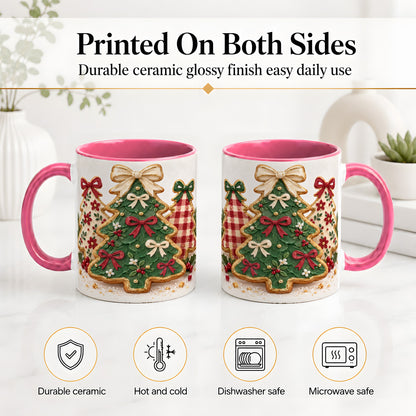 #pl[11oz|Pink] Christmas Tree Cookie Ceramic Mug, Bow and Plaid Holiday Artwork