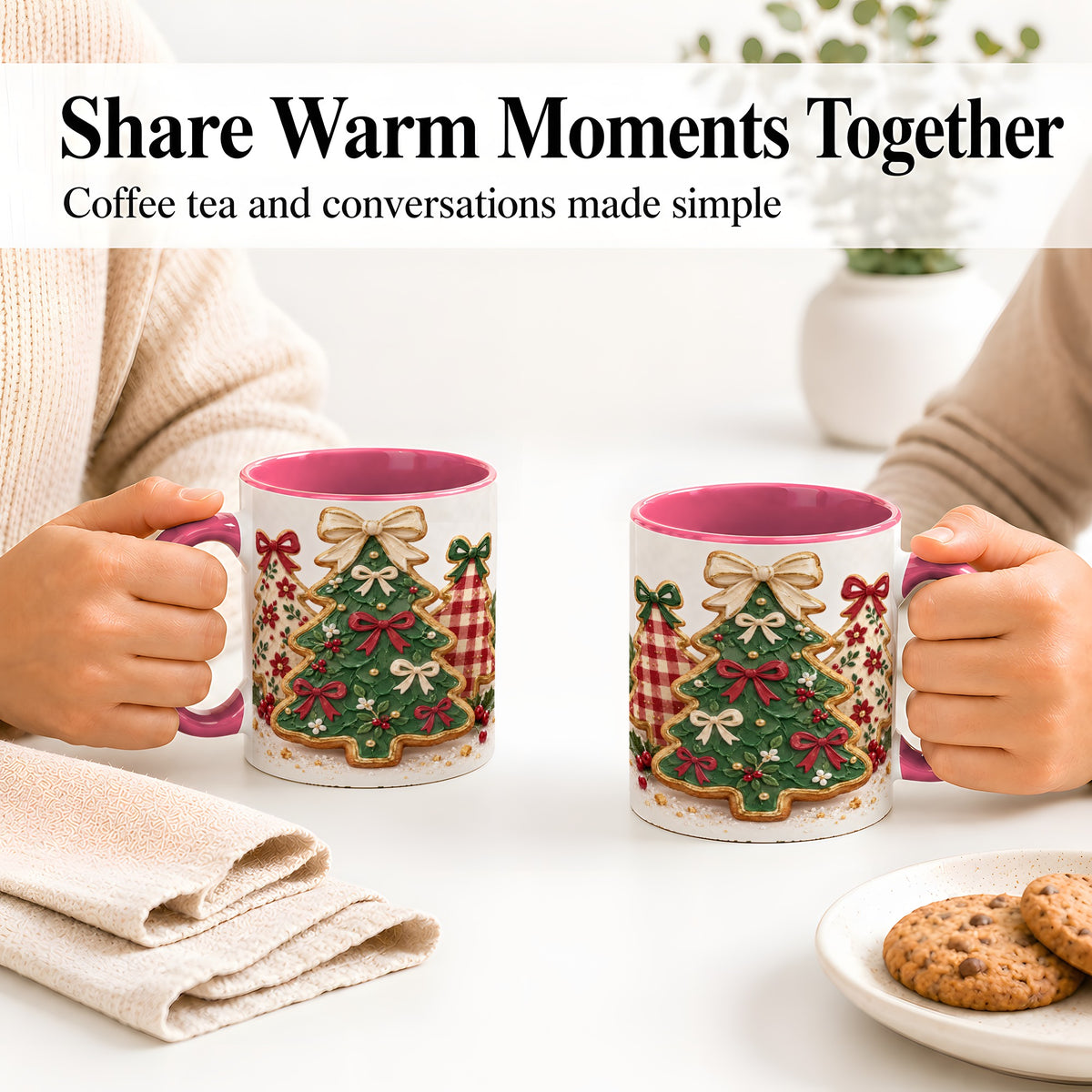 #pl[11oz|Pink] Christmas Tree Cookie Ceramic Mug, Bow and Plaid Holiday Artwork