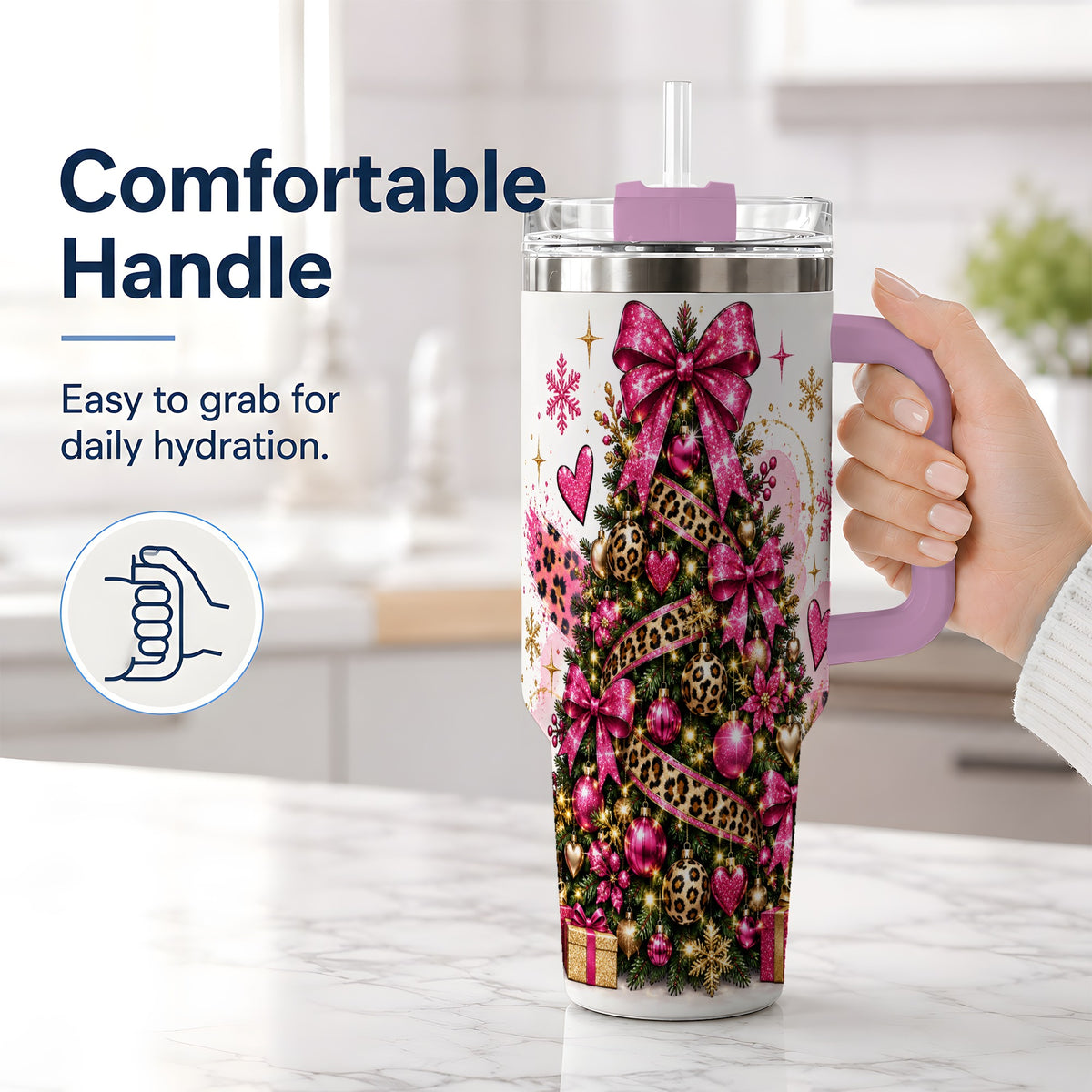 #pl[40oz|Pink] Pink Leopard Christmas 40oz Tumbler, Glitter Tree Holiday Artwork
