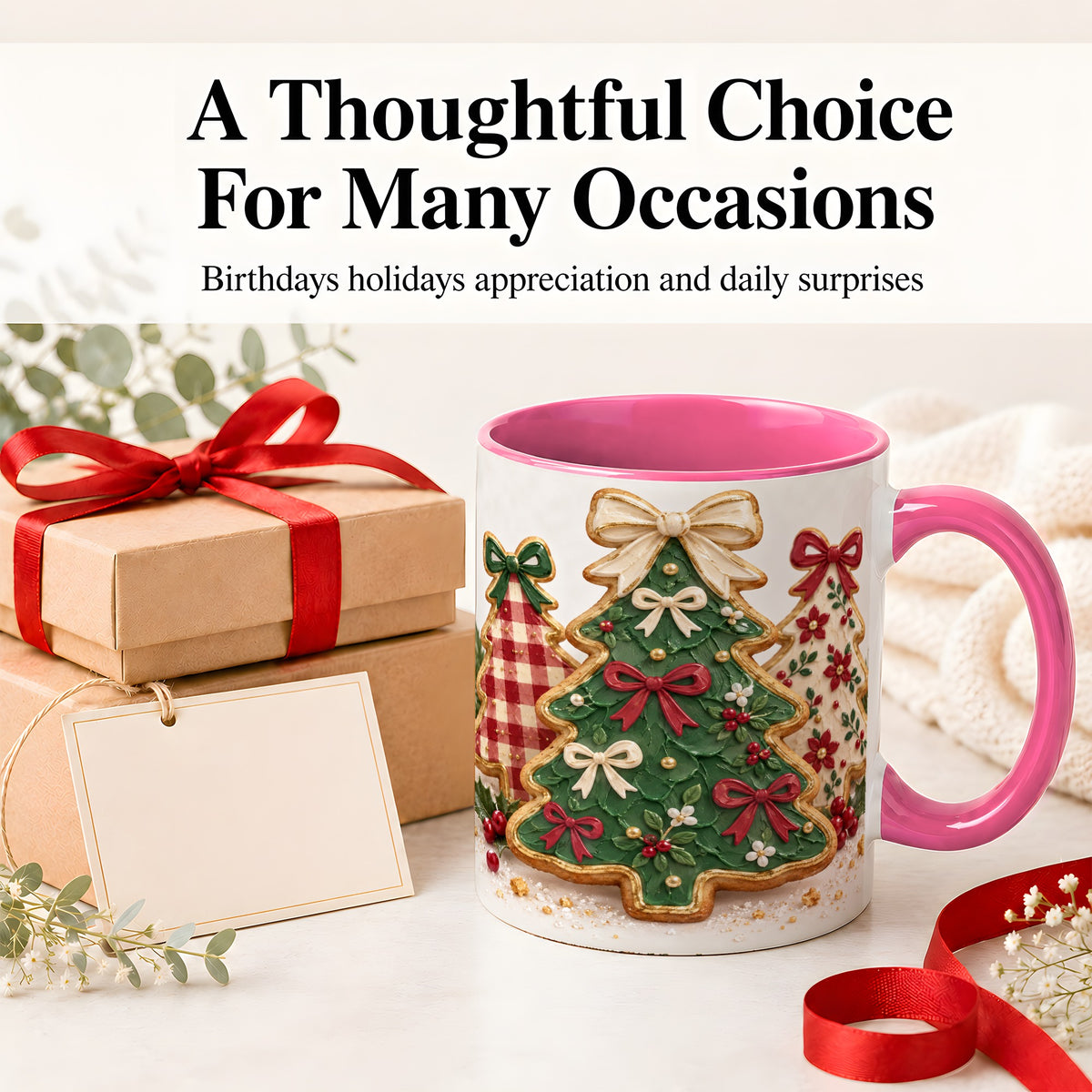 #pl[11oz|Pink] Christmas Tree Cookie Ceramic Mug, Bow and Plaid Holiday Artwork