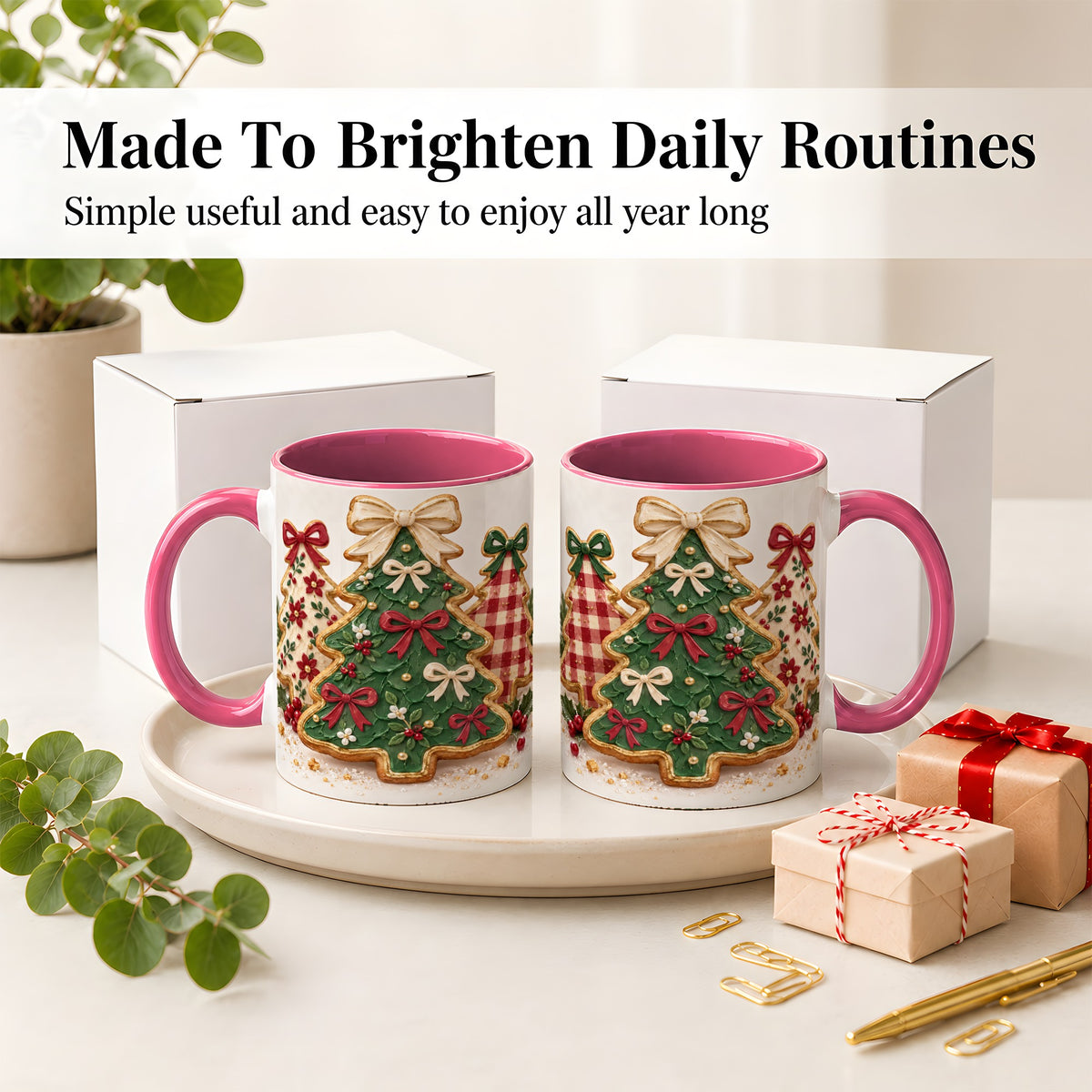 #pl[11oz|Pink] Christmas Tree Cookie Ceramic Mug, Bow and Plaid Holiday Artwork