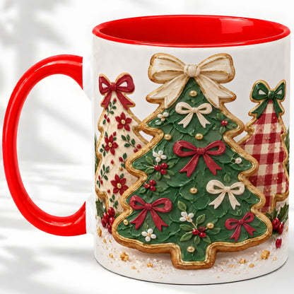 Christmas Tree Cookie Ceramic Mug, Bow and Plaid Holiday Artwork