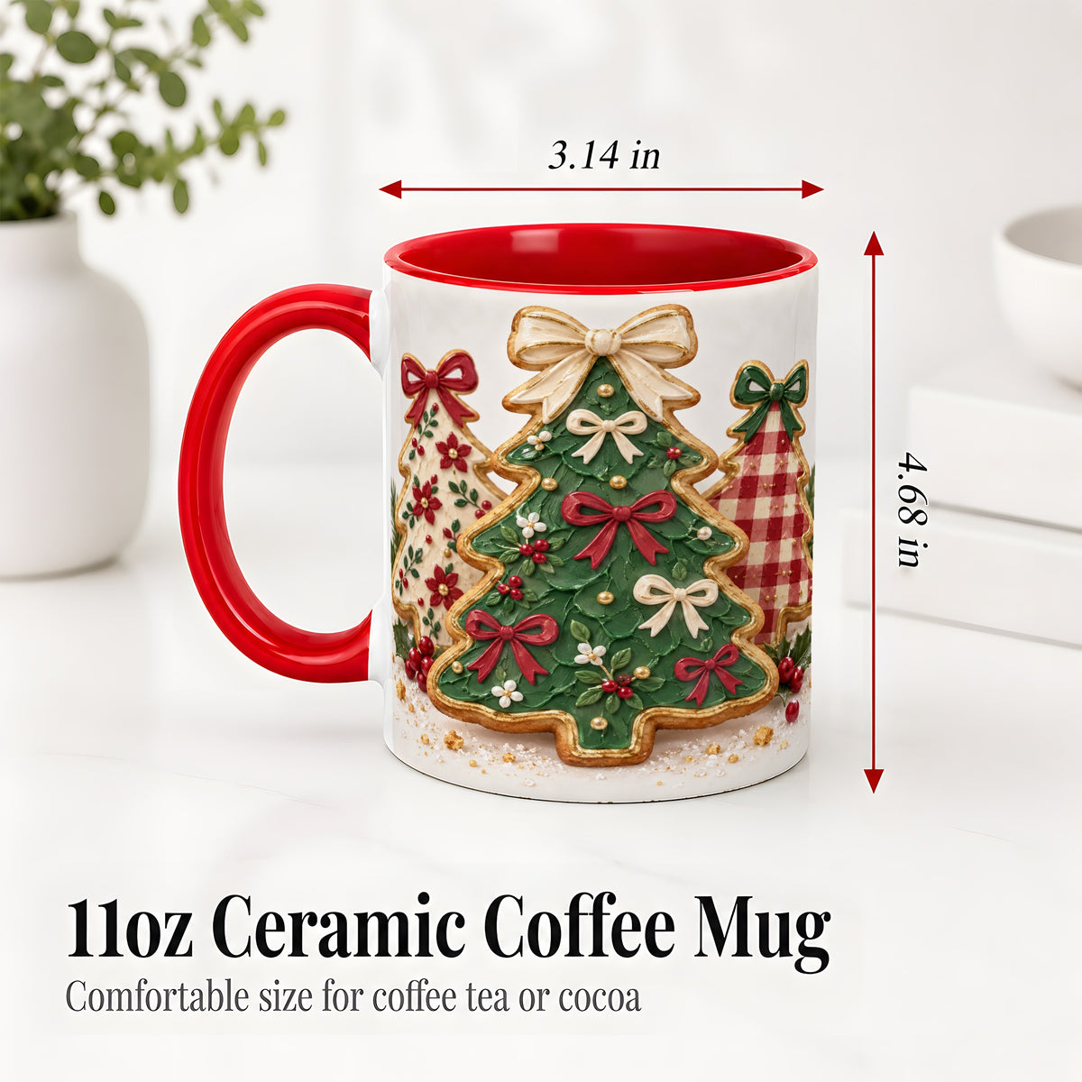#pl[11oz|Red] Christmas Tree Cookie Ceramic Mug, Bow and Plaid Holiday Artwork