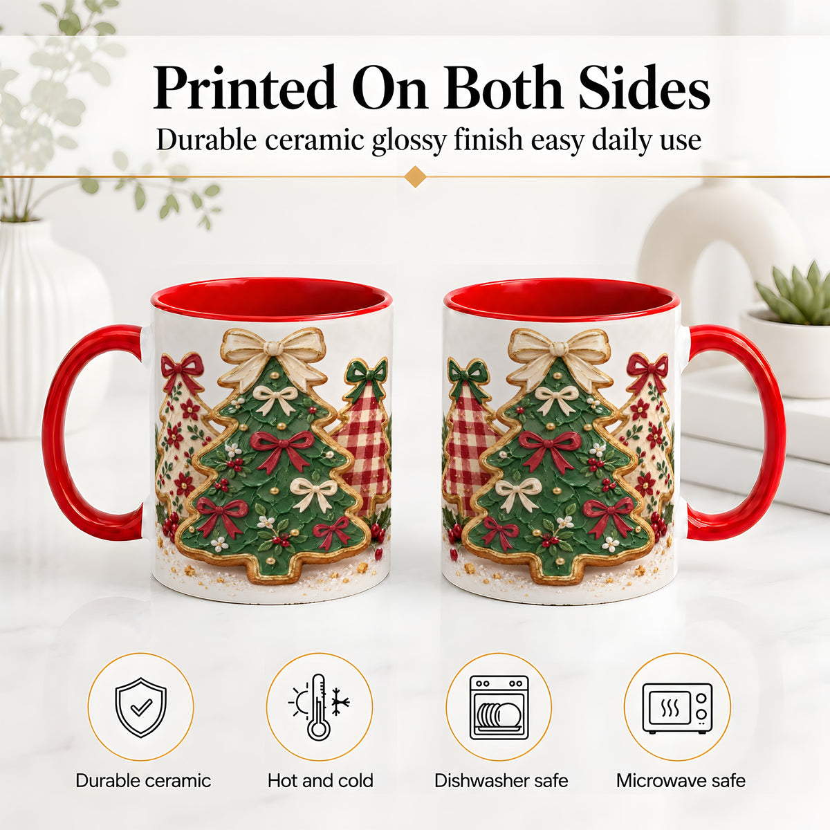 #pl[11oz|Red] Christmas Tree Cookie Ceramic Mug, Bow and Plaid Holiday Artwork