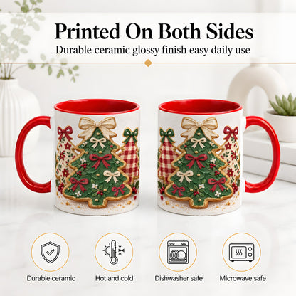 #pl[11oz|Red] Christmas Tree Cookie Ceramic Mug, Bow and Plaid Holiday Artwork