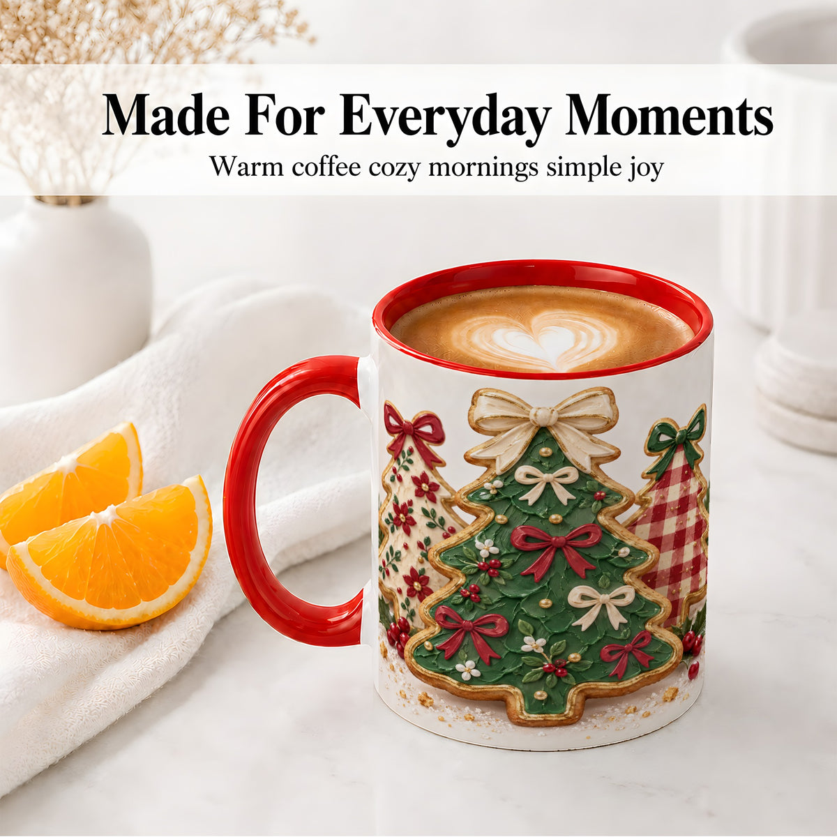 #pl[11oz|Red] Christmas Tree Cookie Ceramic Mug, Bow and Plaid Holiday Artwork