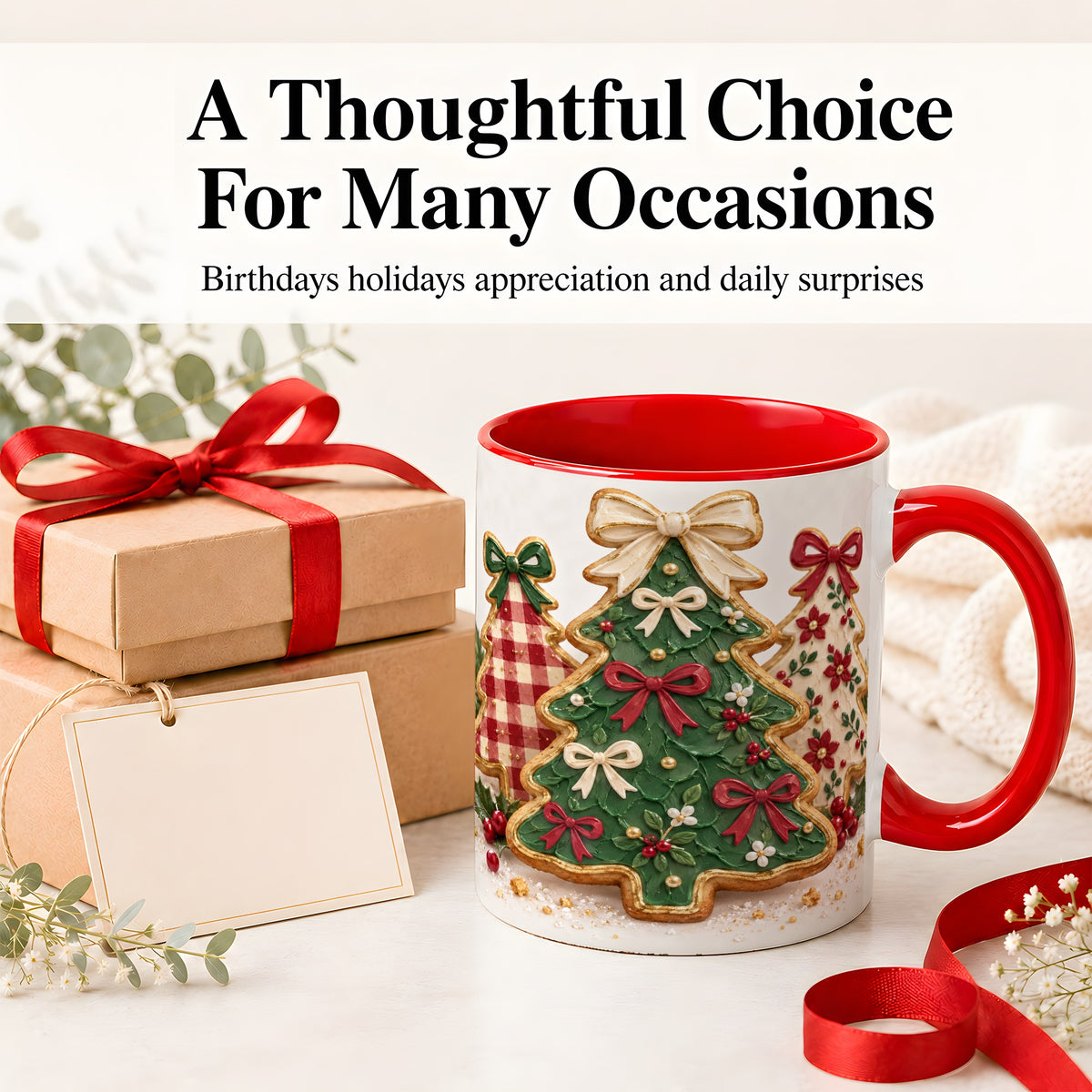 #pl[11oz|Red] Christmas Tree Cookie Ceramic Mug, Bow and Plaid Holiday Artwork