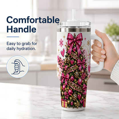 #pl[40oz|White] Pink Leopard Christmas 40oz Tumbler, Glitter Tree Holiday Artwork