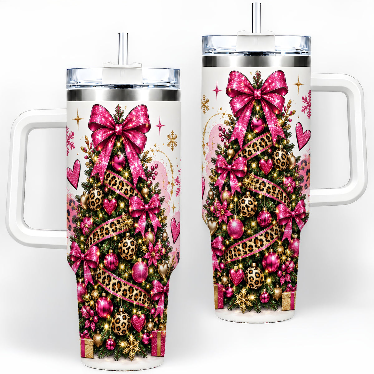 Pink Leopard Christmas 40oz Tumbler, Glitter Tree Holiday Artwork