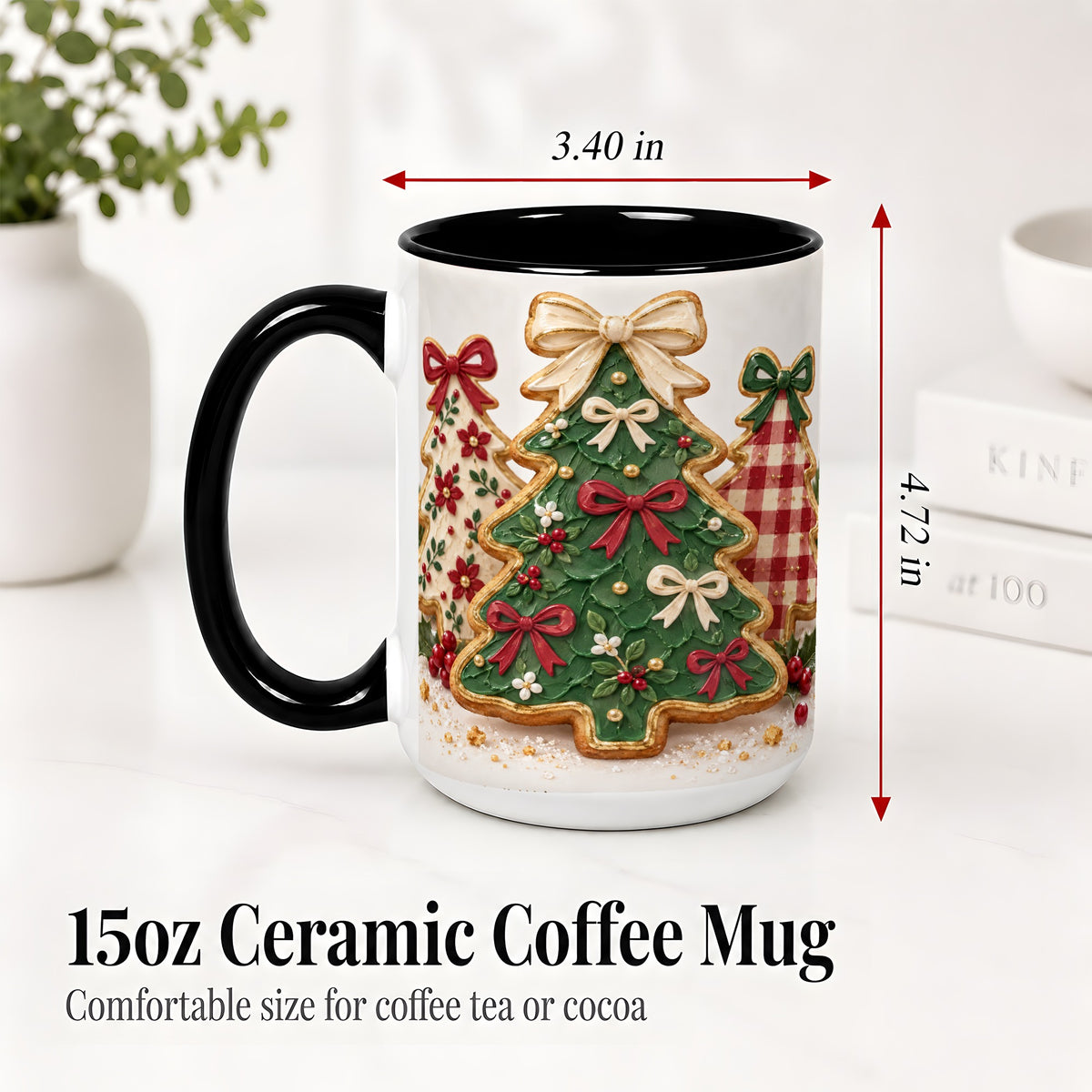 #pl[15oz|Black] Christmas Tree Cookie Ceramic Mug, Bow and Plaid Holiday Artwork