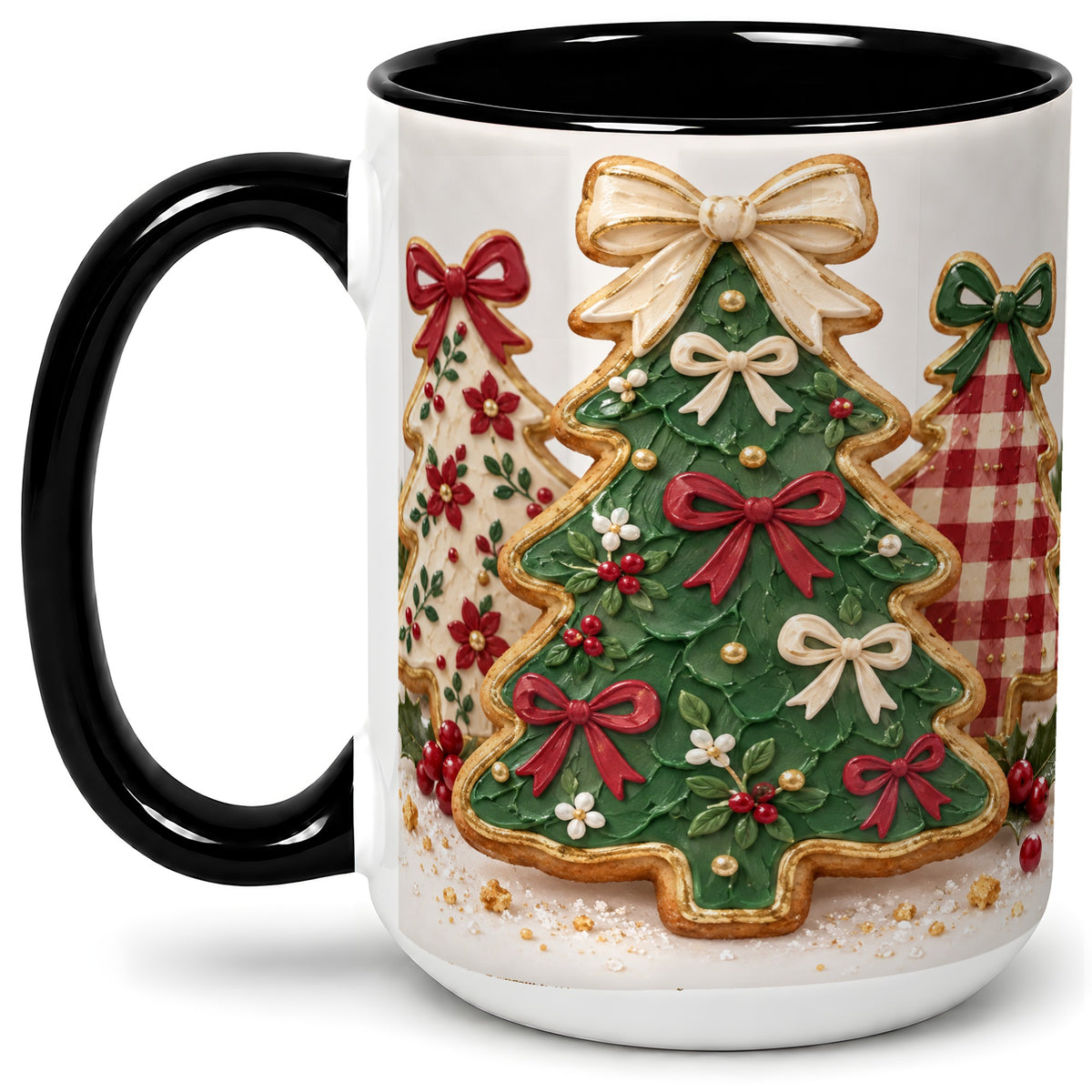 #pl[15oz|Black] Christmas Tree Cookie Ceramic Mug, Bow and Plaid Holiday Artwork