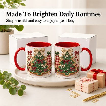 #pl[11oz|Red] Christmas Tree Cookie Ceramic Mug, Bow and Plaid Holiday Artwork