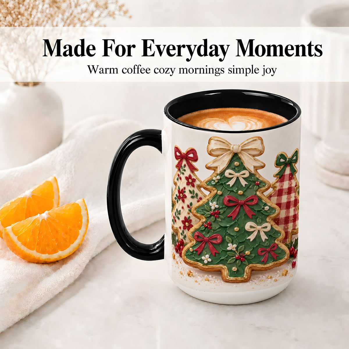 #pl[15oz|Black] Christmas Tree Cookie Ceramic Mug, Bow and Plaid Holiday Artwork