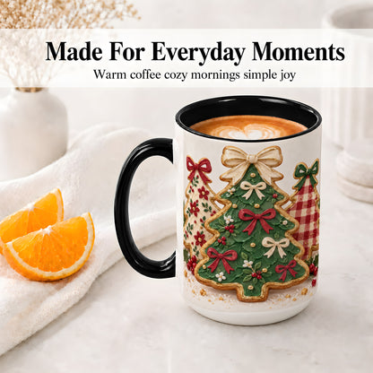 #pl[15oz|Black] Christmas Tree Cookie Ceramic Mug, Bow and Plaid Holiday Artwork