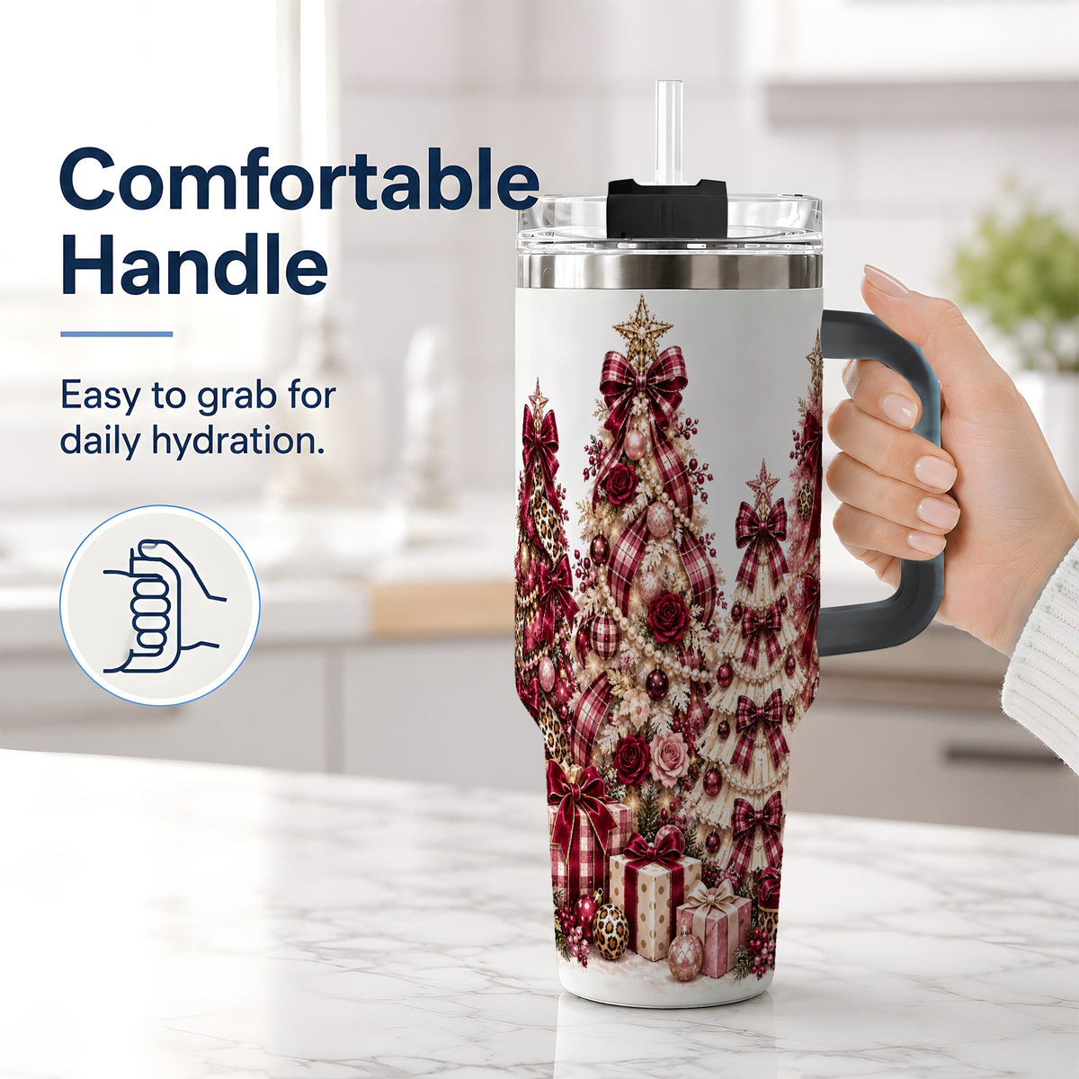 #pl[40oz|Black] Burgundy Plaid Christmas 40oz Tumbler, Decorated Tree Holiday Artwork