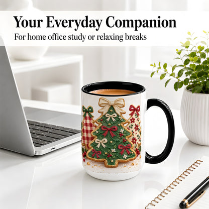 #pl[15oz|Black] Christmas Tree Cookie Ceramic Mug, Bow and Plaid Holiday Artwork