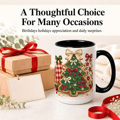 #pl[15oz|Black] Christmas Tree Cookie Ceramic Mug, Bow and Plaid Holiday Artwork