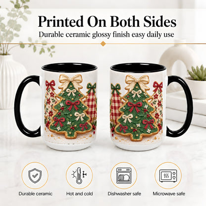#pl[15oz|Black] Christmas Tree Cookie Ceramic Mug, Bow and Plaid Holiday Artwork