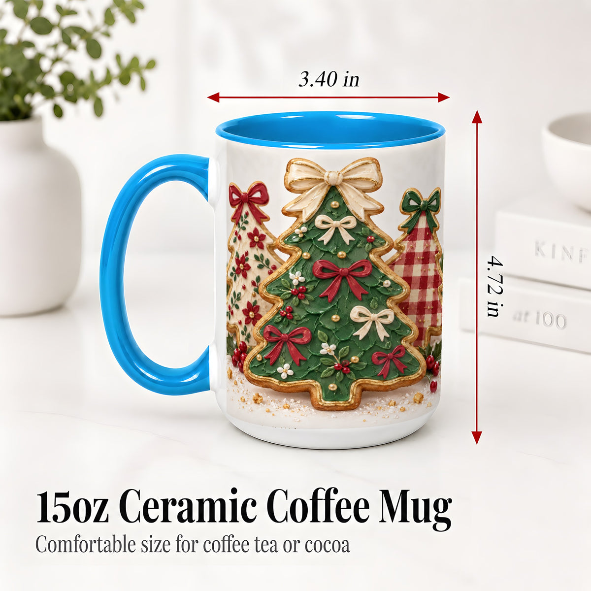 #pl[15oz|Blue] Christmas Tree Cookie Ceramic Mug, Bow and Plaid Holiday Artwork