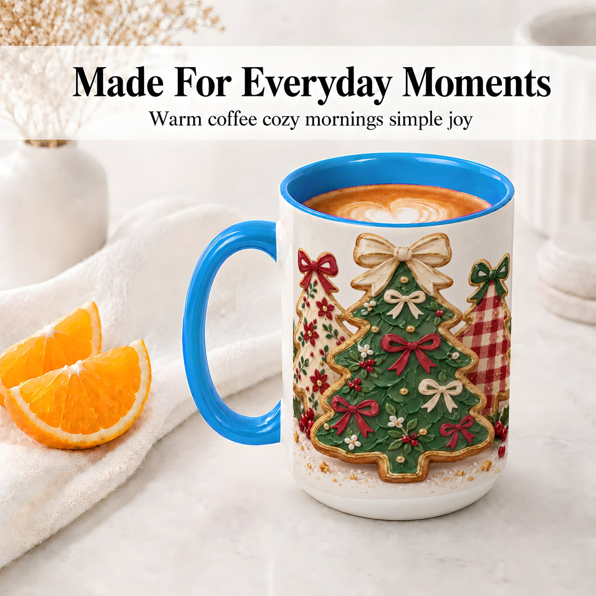 #pl[15oz|Blue] Christmas Tree Cookie Ceramic Mug, Bow and Plaid Holiday Artwork
