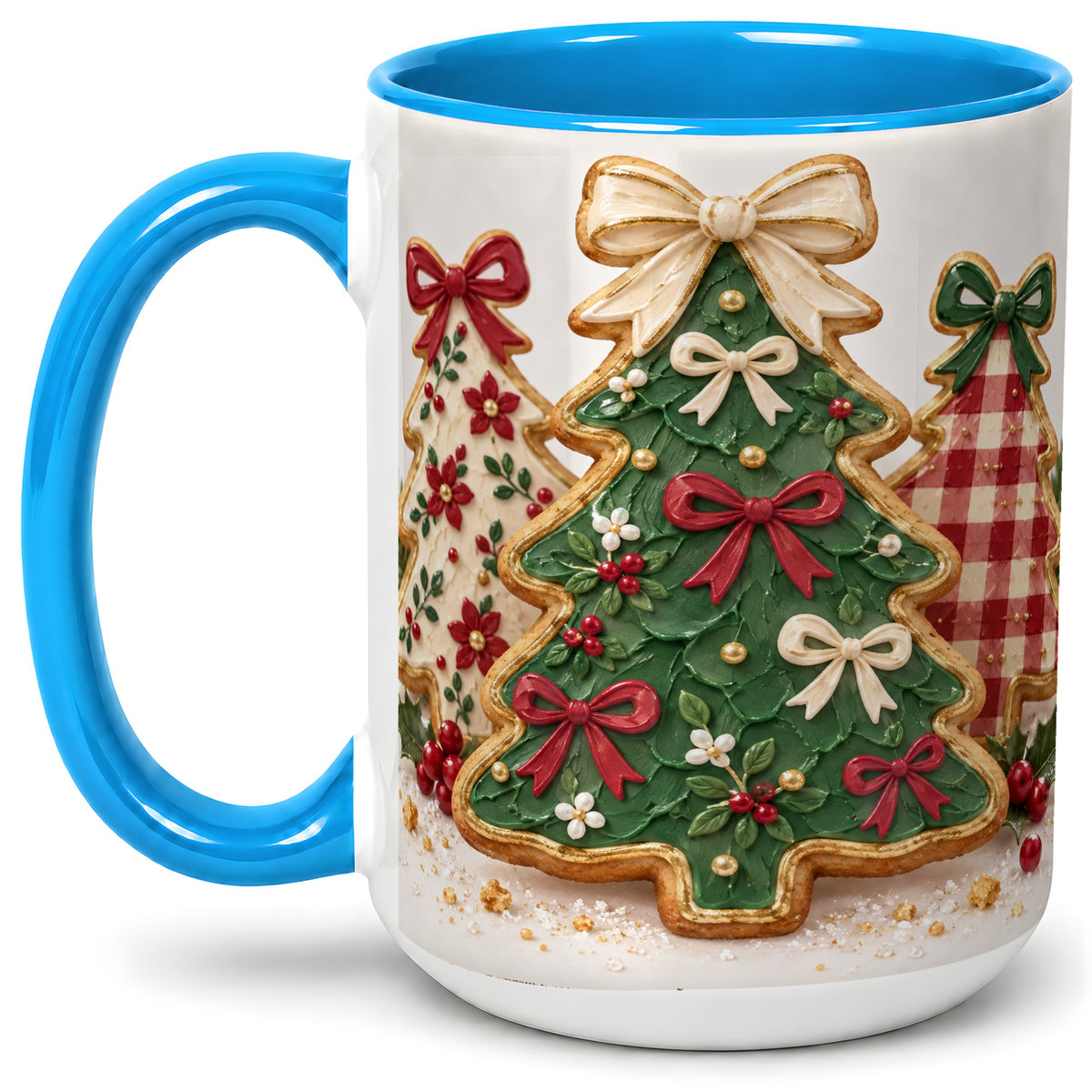 #pl[15oz|Blue] Christmas Tree Cookie Ceramic Mug, Bow and Plaid Holiday Artwork