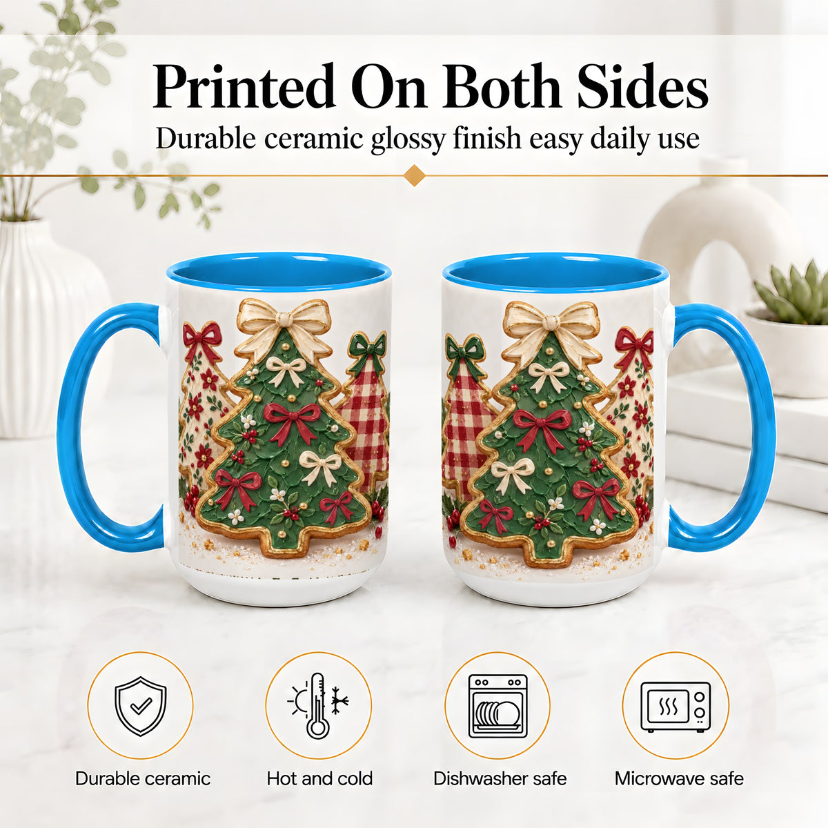 #pl[15oz|Blue] Christmas Tree Cookie Ceramic Mug, Bow and Plaid Holiday Artwork