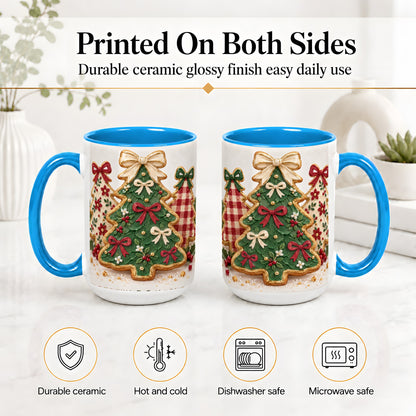 #pl[15oz|Blue] Christmas Tree Cookie Ceramic Mug, Bow and Plaid Holiday Artwork