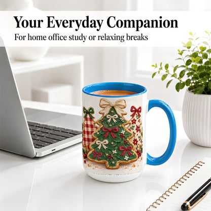 #pl[15oz|Blue] Christmas Tree Cookie Ceramic Mug, Bow and Plaid Holiday Artwork